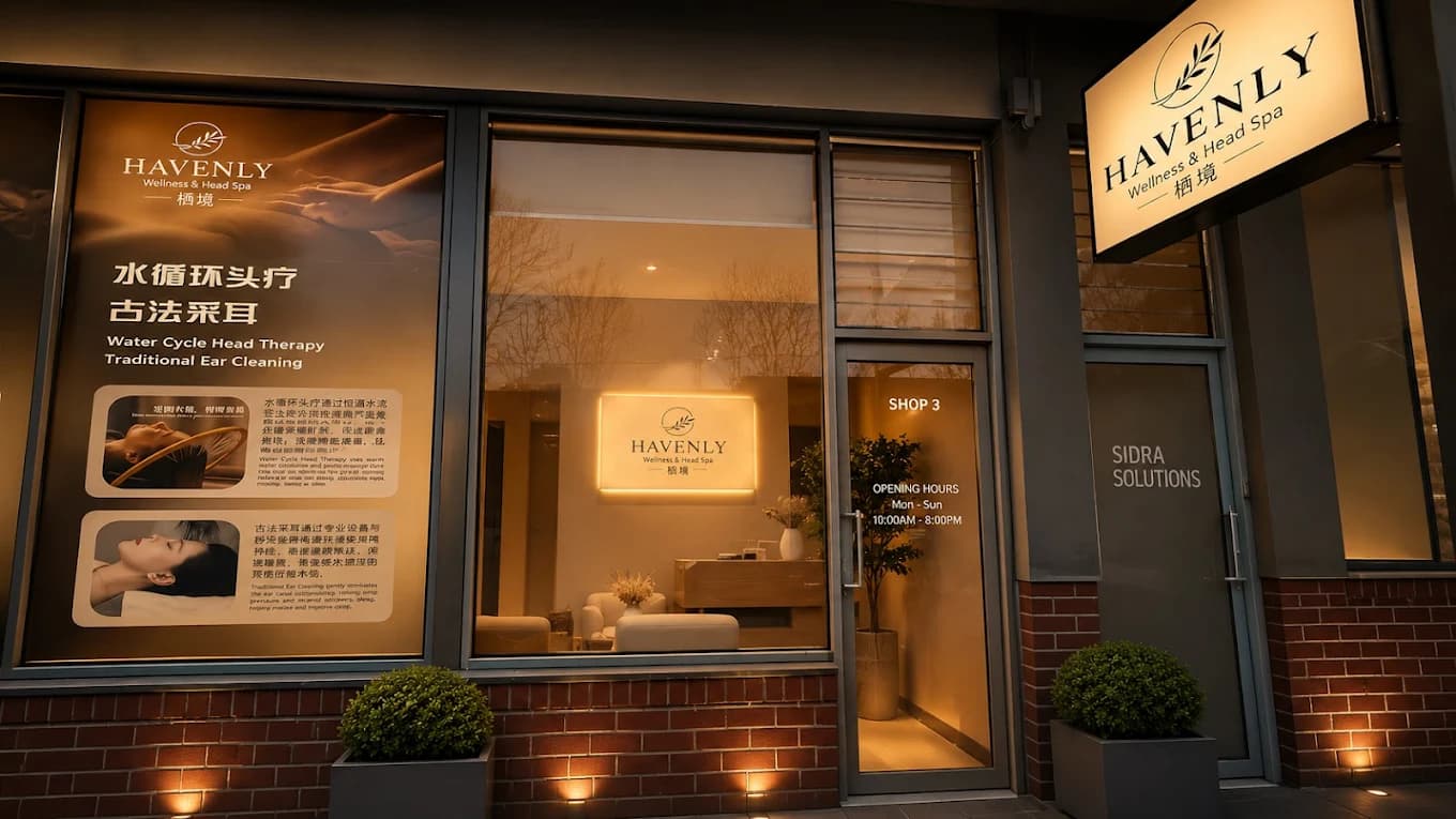 Havenly Wellness & Head Spa storefront glowing at dusk, Balwyn